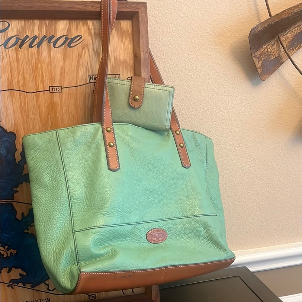 Fossil Green and Brown Canvas Tote
